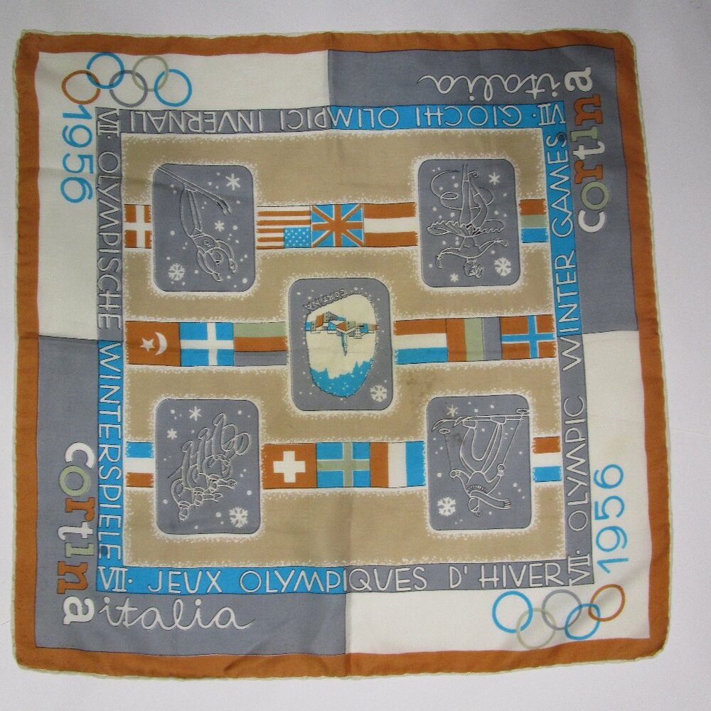 Winter Olympics 1956 Silk Scarf Wrap Vintage Souvenir Cortina Italy